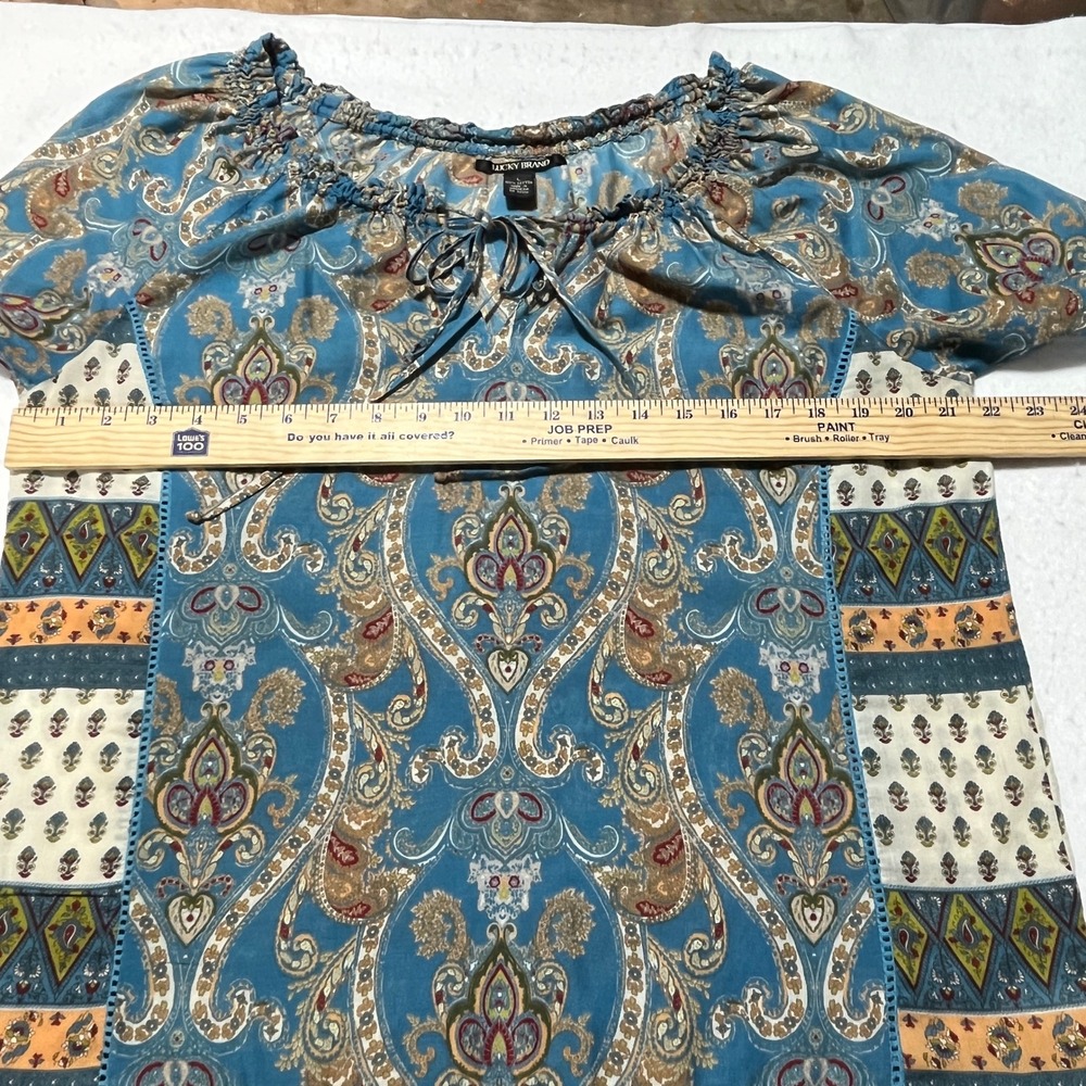 Lucky Brand Blue Paisley Patchwork 100% Cotton Peasant Blouse Top Sz L Boho - Picture 6 of 7